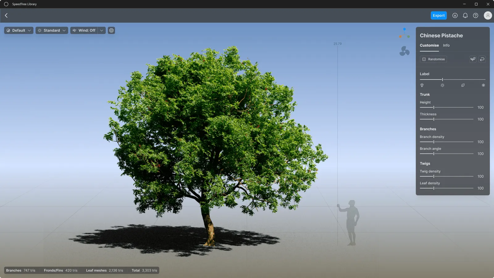 SpeedTree Library, showing a Chinese Pistache tree in the viewport beside its parameter panel — After