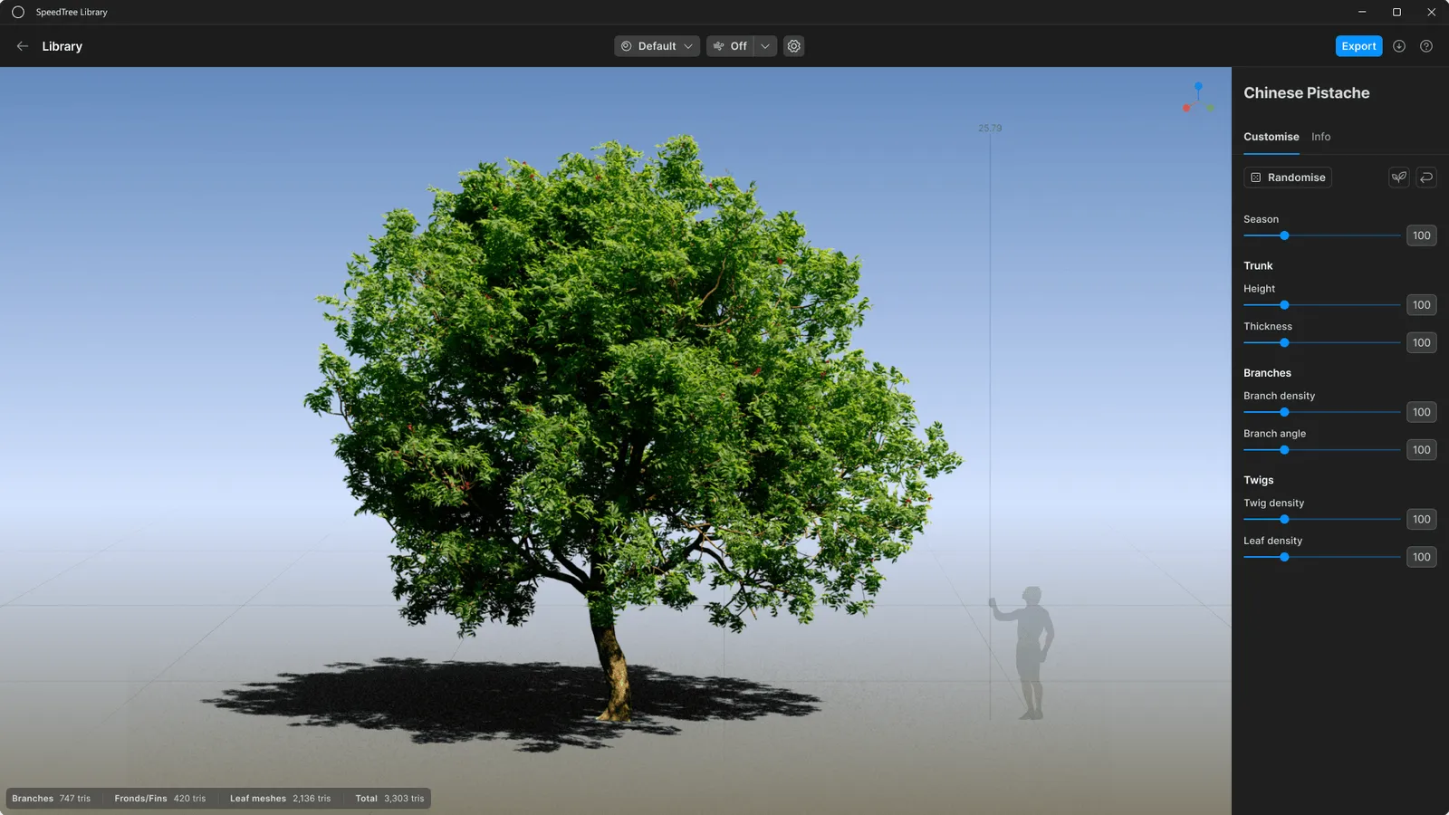SpeedTree Library, showing a Chinese Pistache tree in the viewport beside its parameter panel — Before