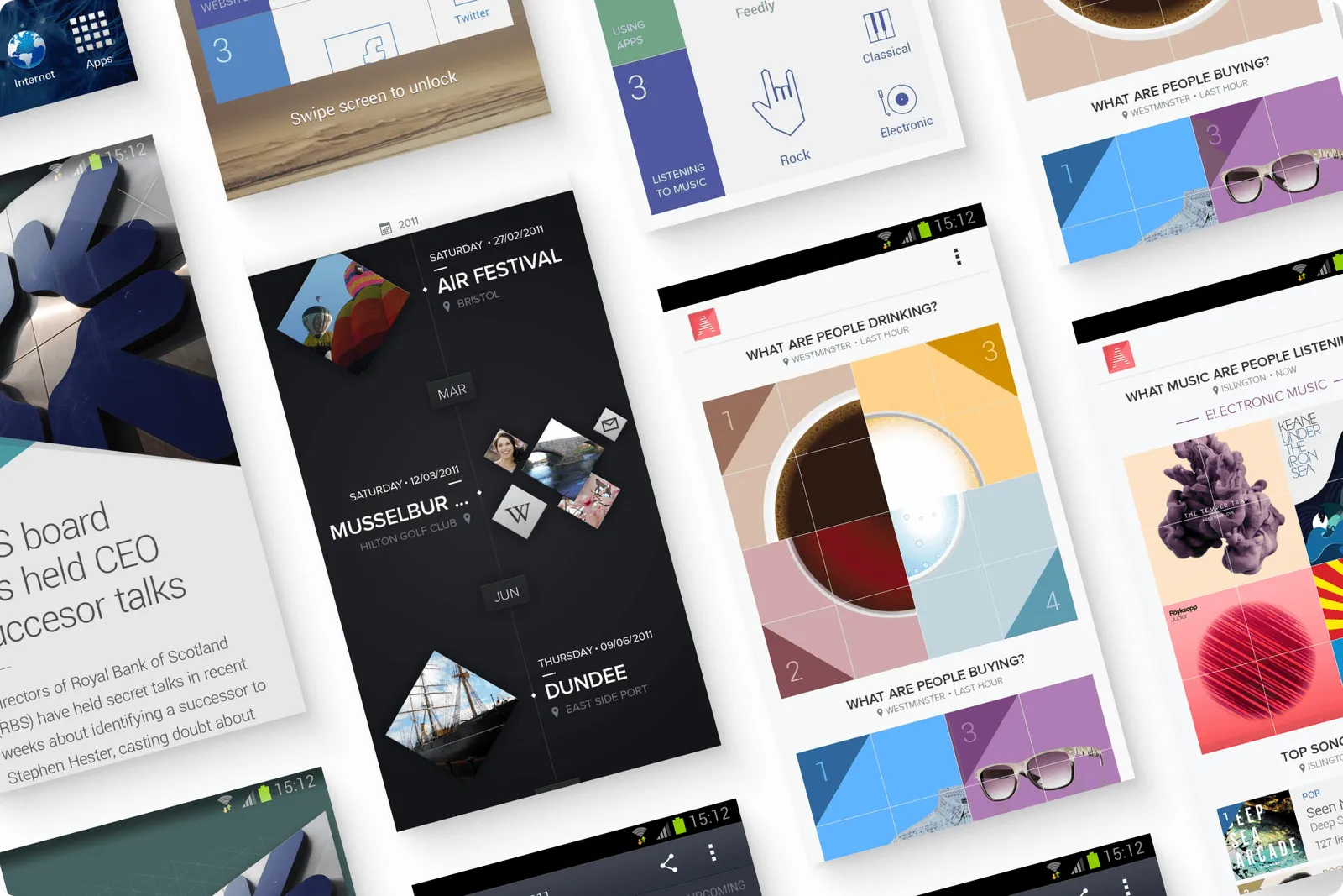 Collage of early Android concept mockups — a lock screen, a music genre picker, live retail and social data widgets, and a photo memories timeline