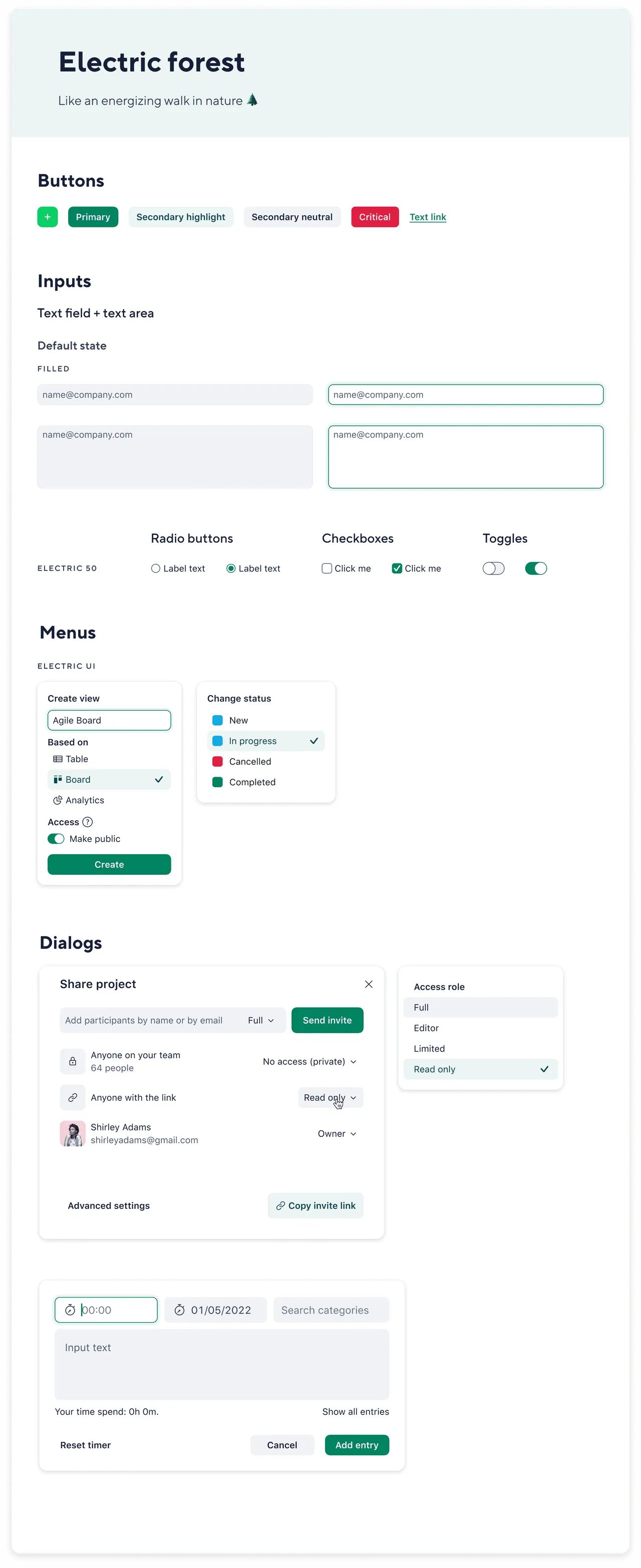 “Electric forest” theme — the new design language applied across buttons, inputs, menus and dialogs