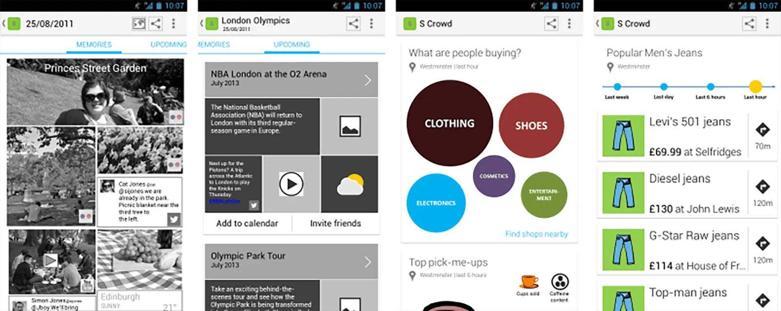 Wireframe phone screens including a photo memories timeline, an upcoming-events list, a 'what are people buying' data-bubble view, and a 'Popular Men's Jeans' price-comparison list