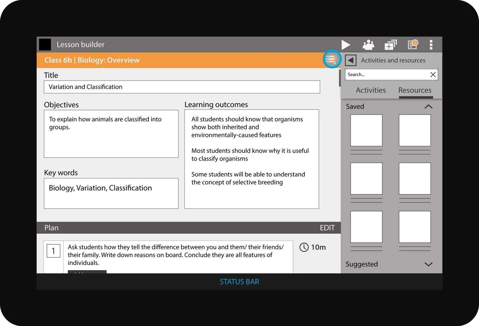 Lesson builder wireframe — lesson overview with objectives, learning outcomes and a resources panel