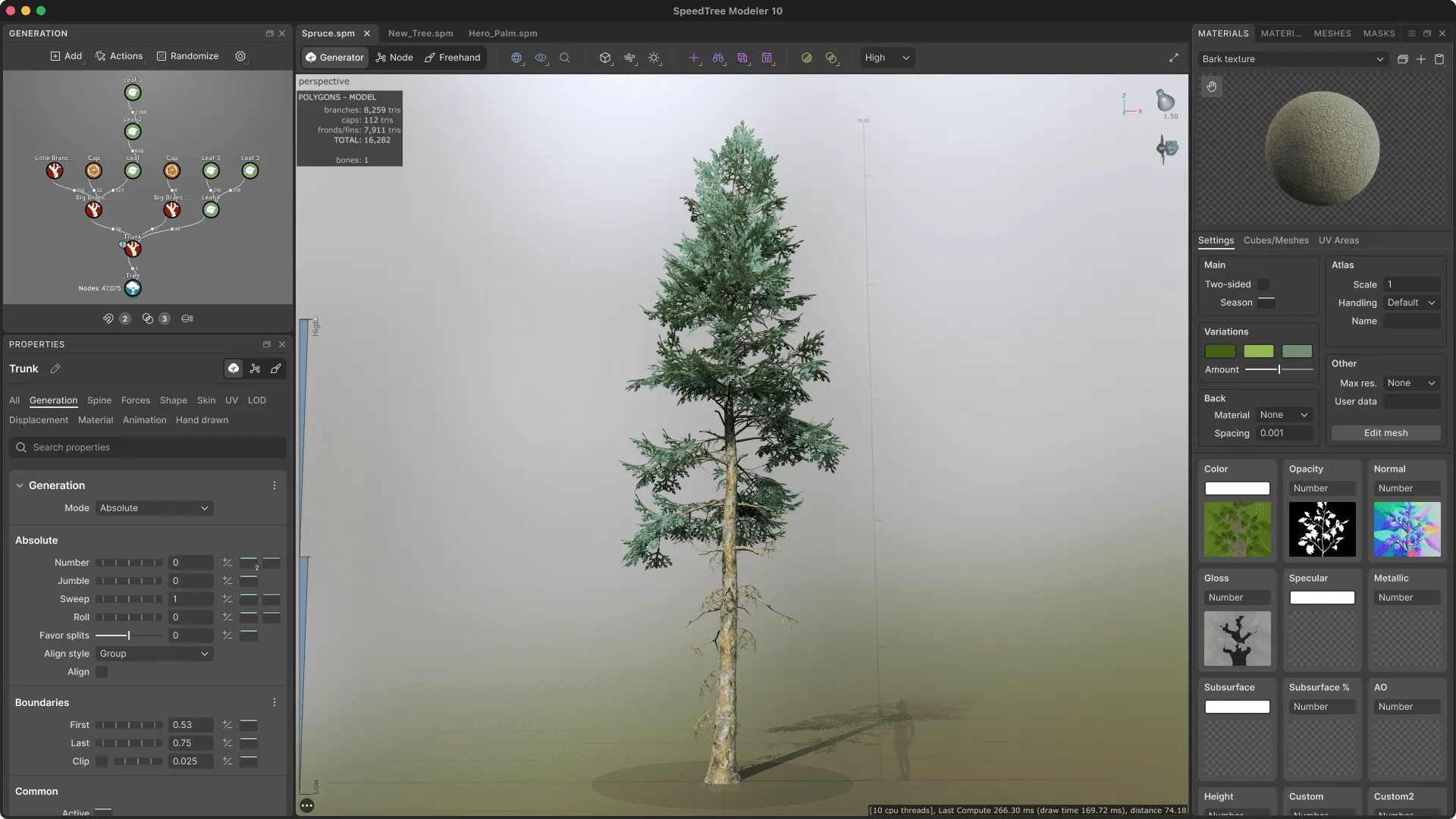 The SpeedTree Modeler interface with a spruce model open — After