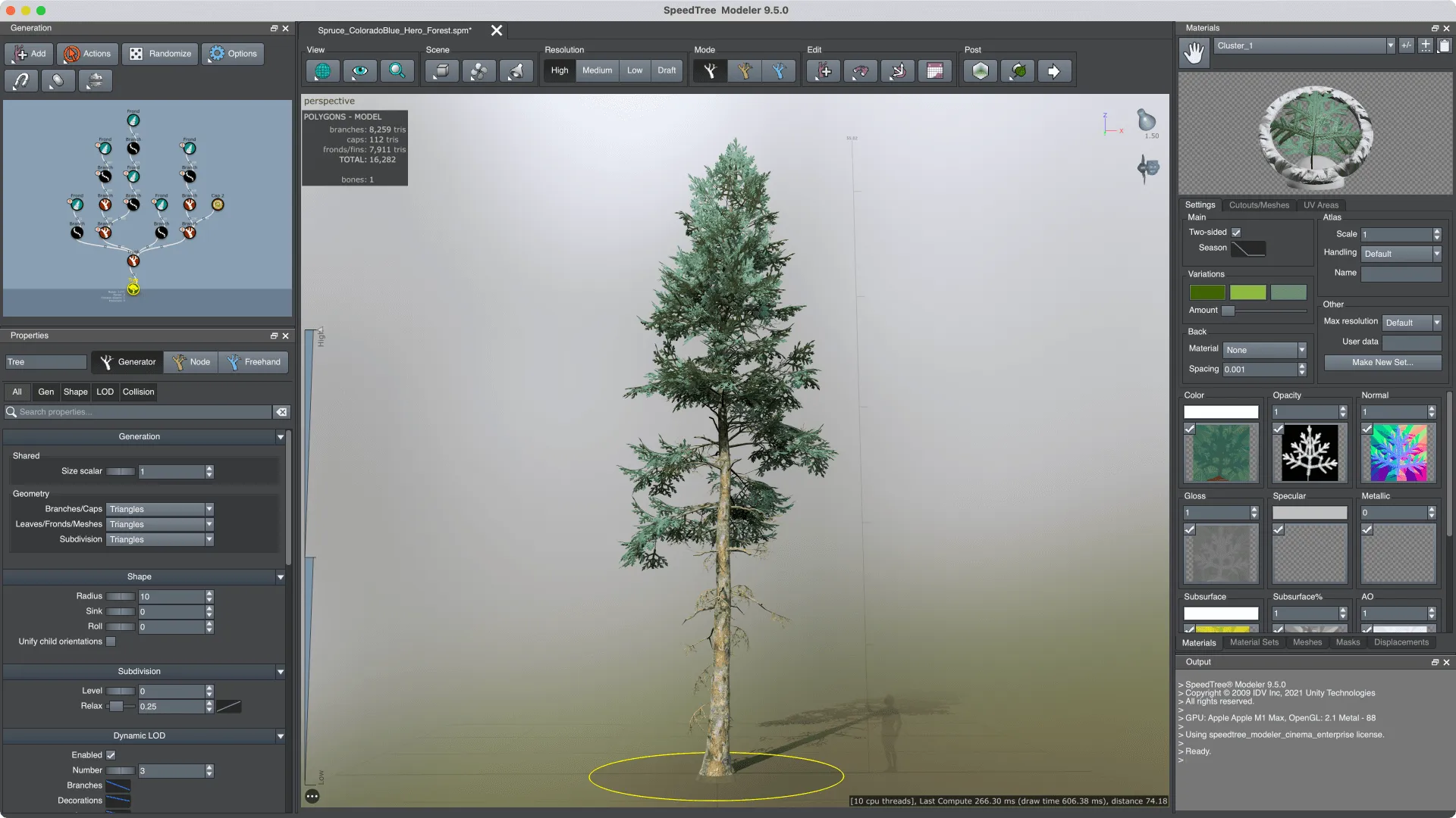 The SpeedTree Modeler interface with a spruce model open — Before
