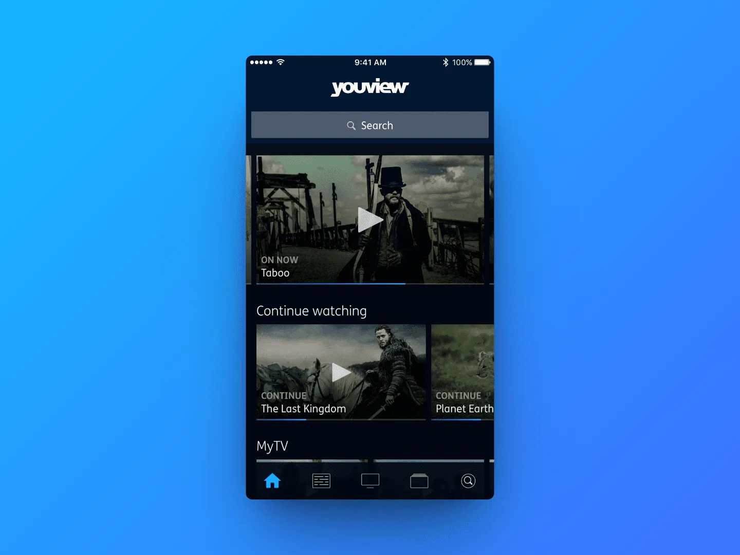 The redesigned YouView home screen, showing 'On Now: Taboo' and a Continue Watching row with The Last Kingdom and Planet Earth
