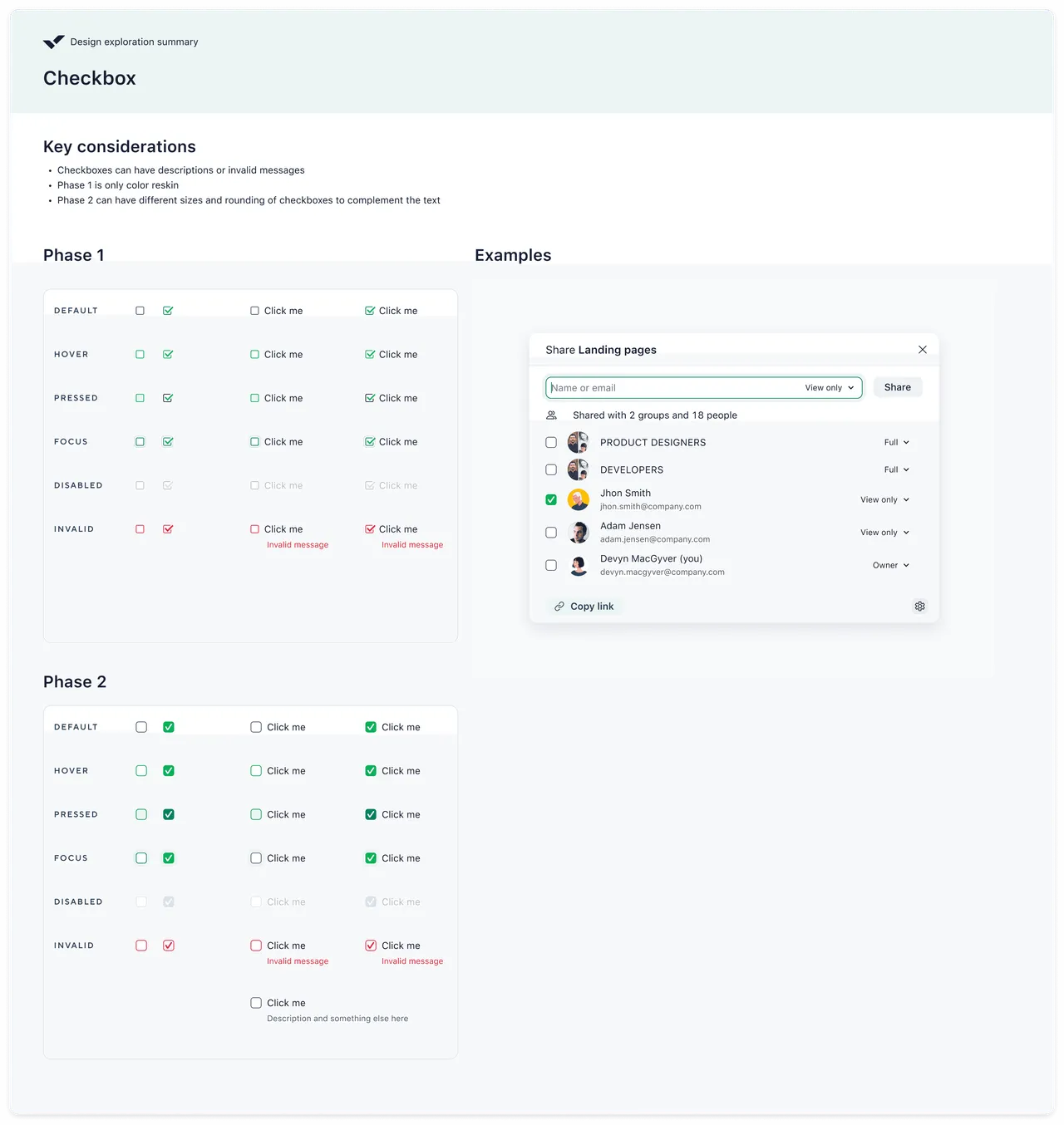 Checkbox specification — phase 1 and phase 2 states with examples