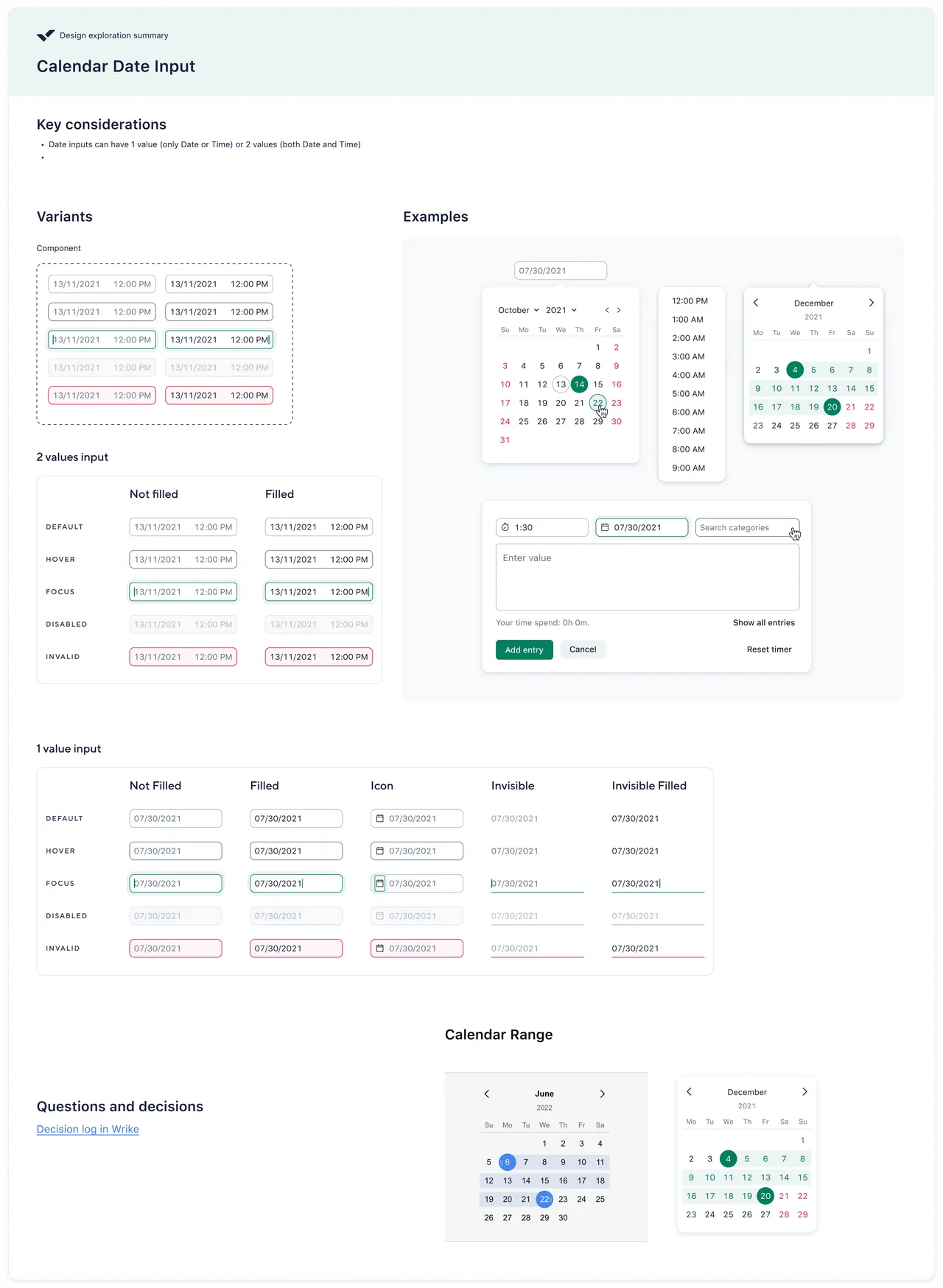 Calendar date input specification — variants, states and examples