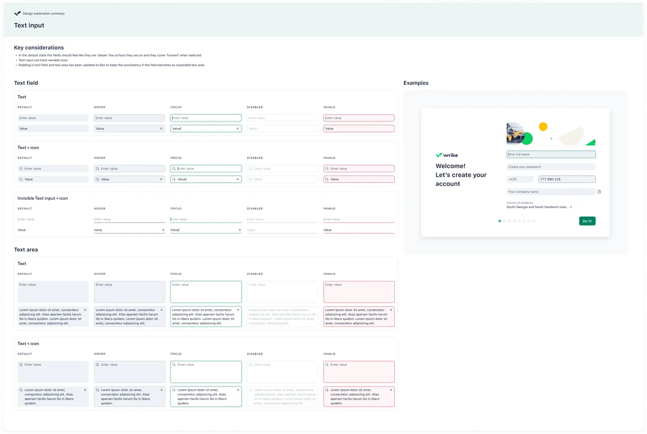 Text input specification — text field, text area and icon variants