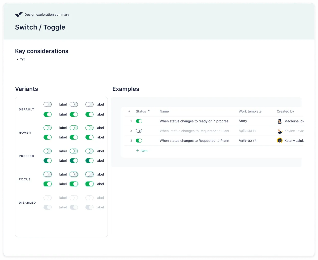 Switch / toggle specification — variants and in-product examples