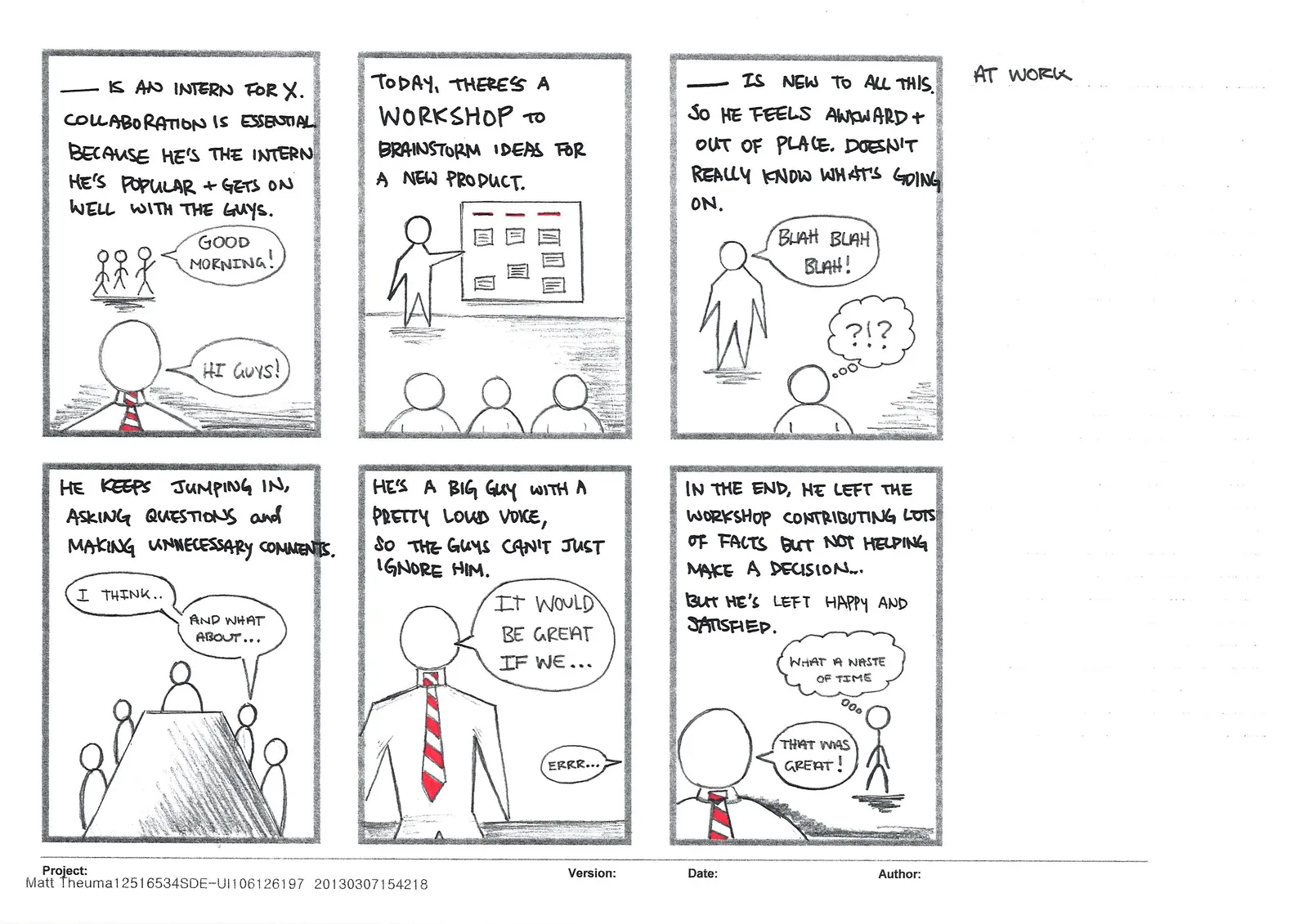 Hand-drawn six-panel storyboard titled 'At Work', following an intern who over-contributes in a brainstorming workshop