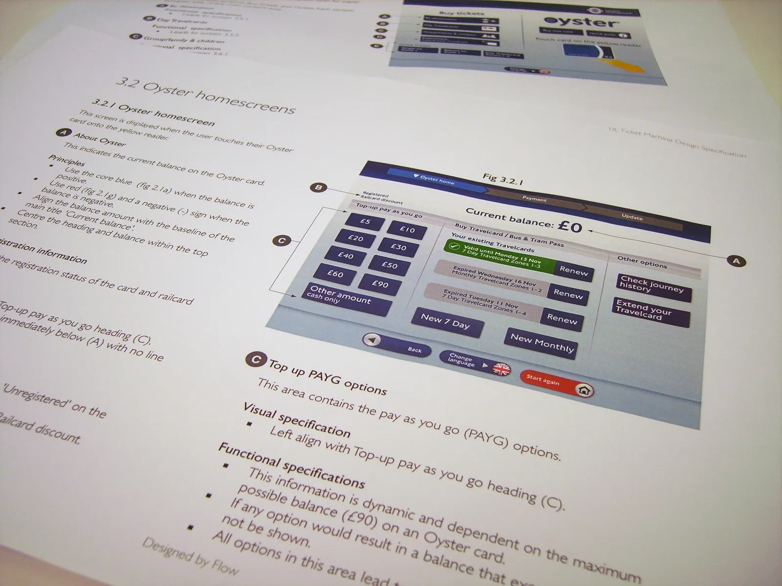 Printed style guide page specifying the ticket machine's screen layouts and components