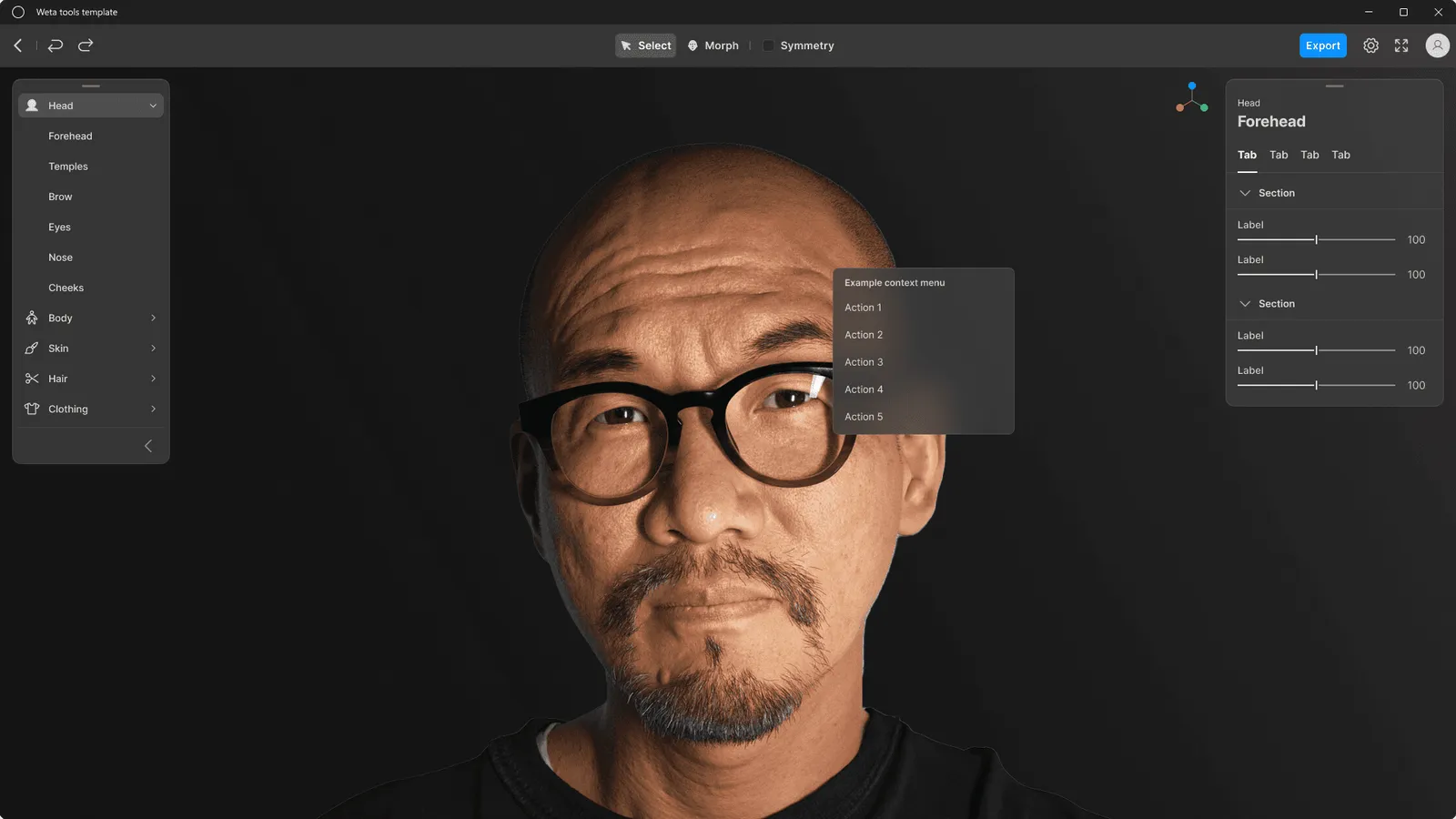 A Wētā tools template: a character editor with a collapsible body-part navigator on the left, a Forehead parameter panel with tabs and sliders on the right, and an example context menu over the 3D head in the viewport